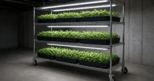 Wheeled metal rack with trays of greens under LED lights