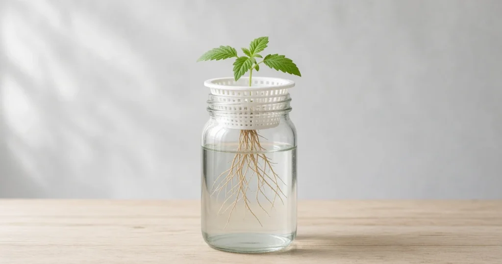 Seedling in a net pot with roots reaching into water in a jar