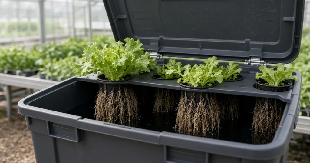 Hydroponic roots hanging in a reservoir