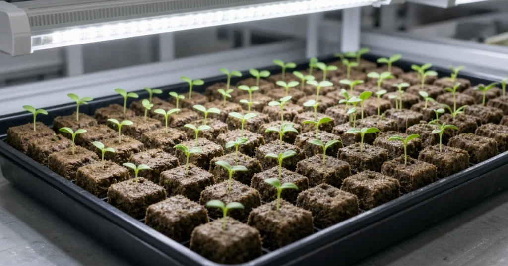 Hydroponic seedlings in plugs under lights