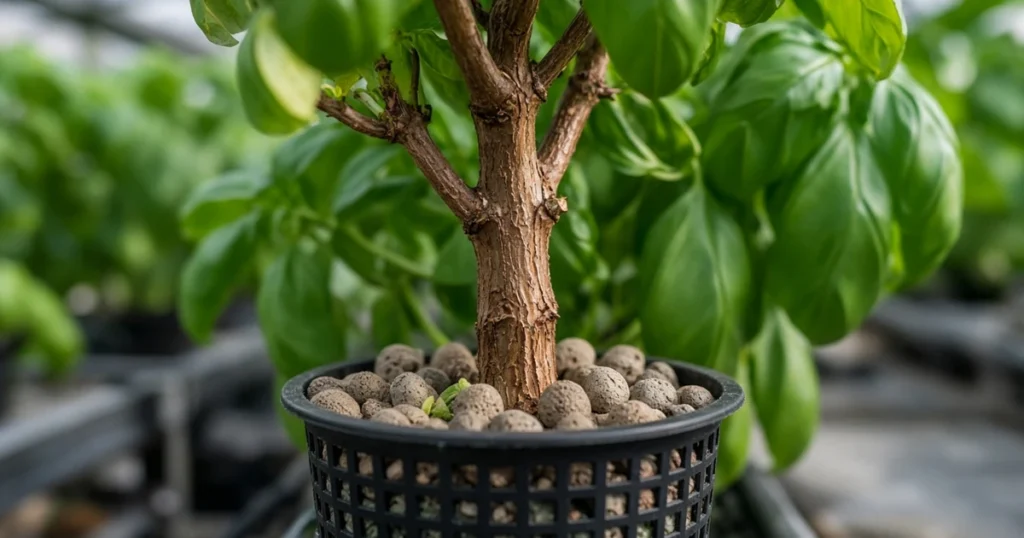 Woody brown base of a mature basil stem in a net cup