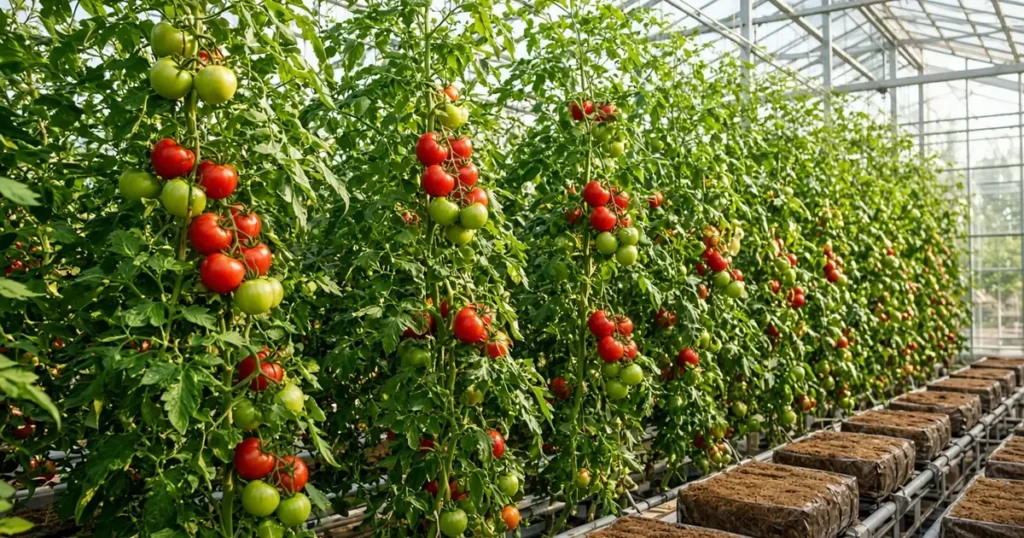 Hydroponic tomato plants in a greenhouse