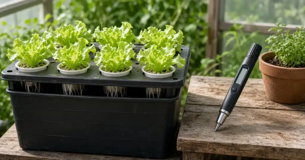 Hydroponic reservoir with a pH meter beside it