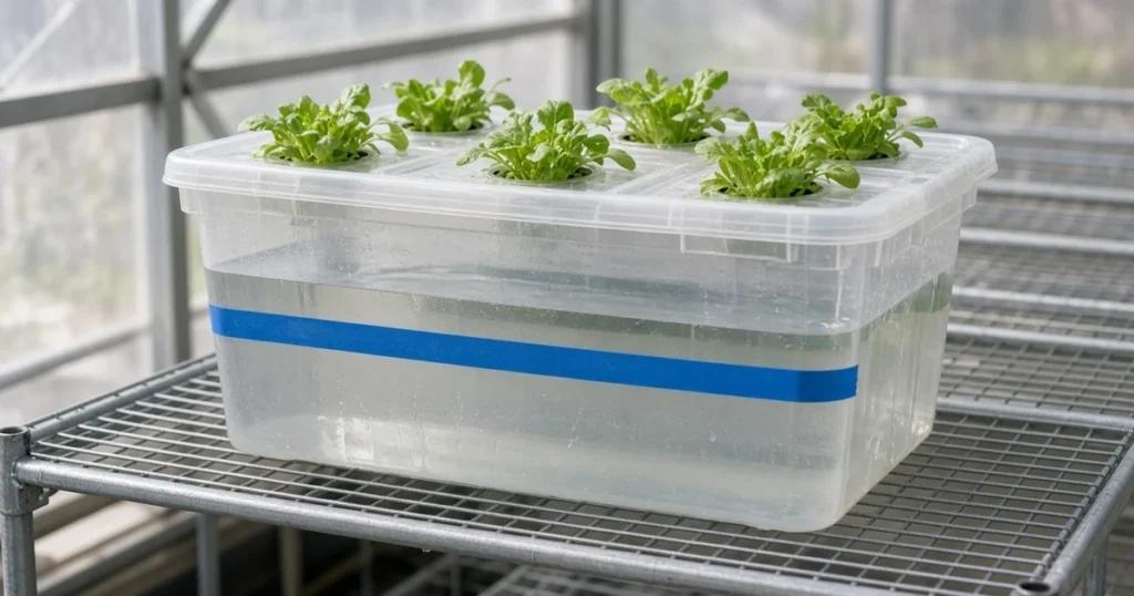 Hydroponic tote with a marked water line on a bench