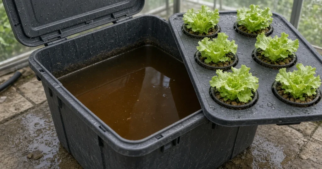 Hydroponic reservoir with tea colored water