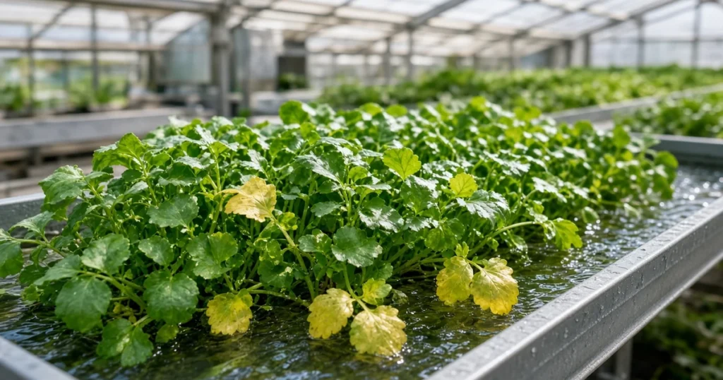 Hydroponic watercress in a shallow tray