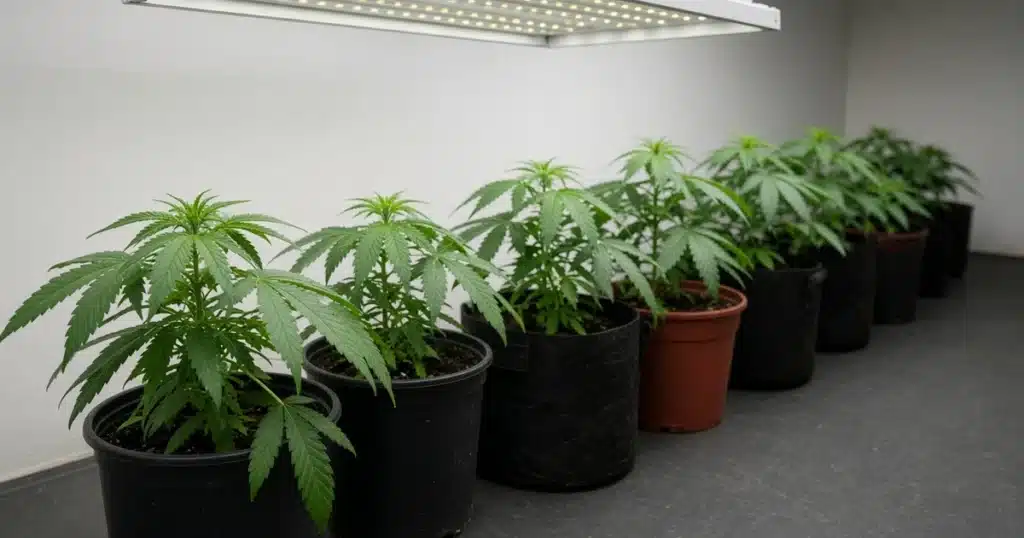 Row of similar cannabis plants of slightly uneven height in a grow room