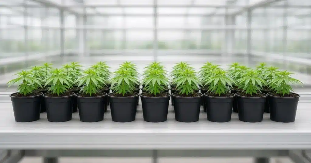 Uniform row of young cannabis plants of the same height in identical pots in a greenhouse