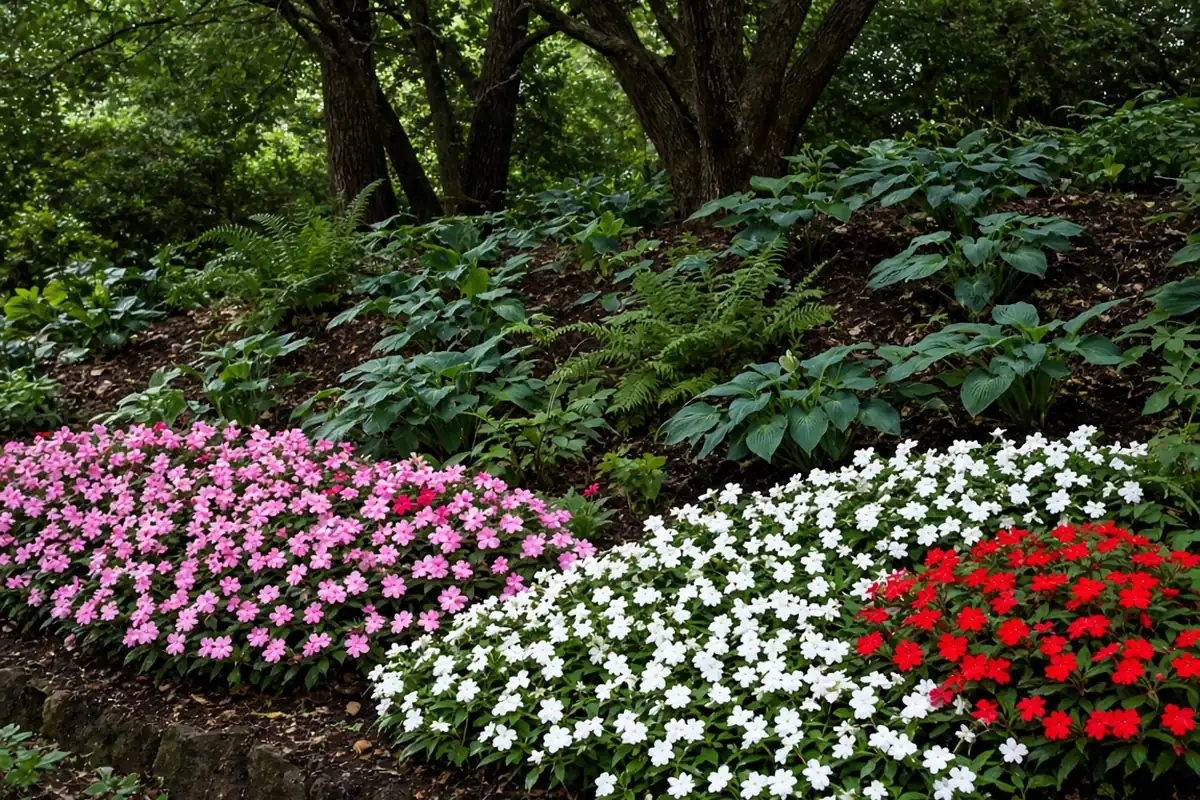 Impatiens in bloom in a shade bed
