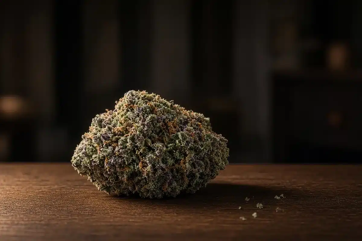 Dense indica cannabis bud on a dark background