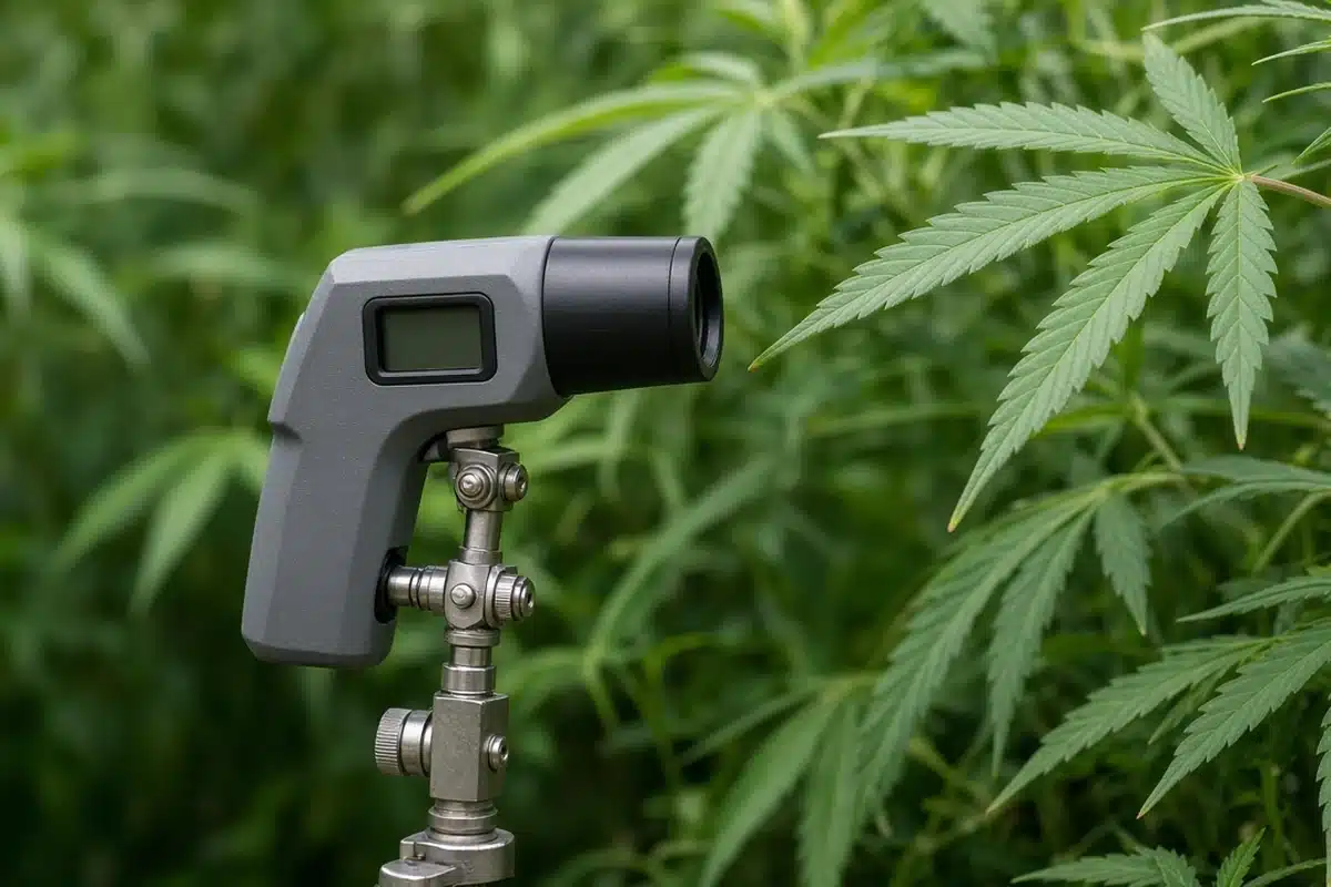 Infrared thermometer on a small metal mount a few inches from green cannabis leaves