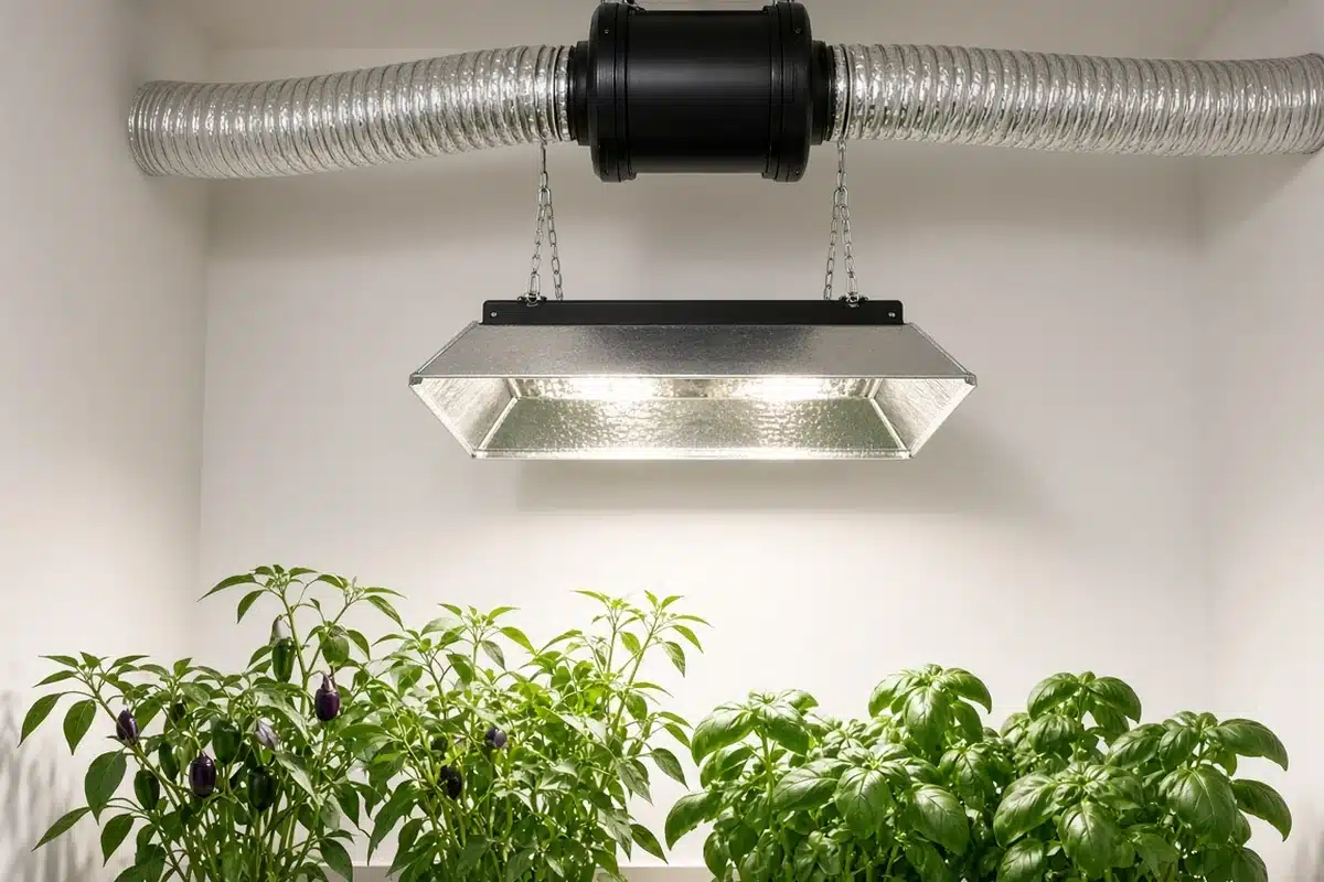 Inline fan and duct above a grow light