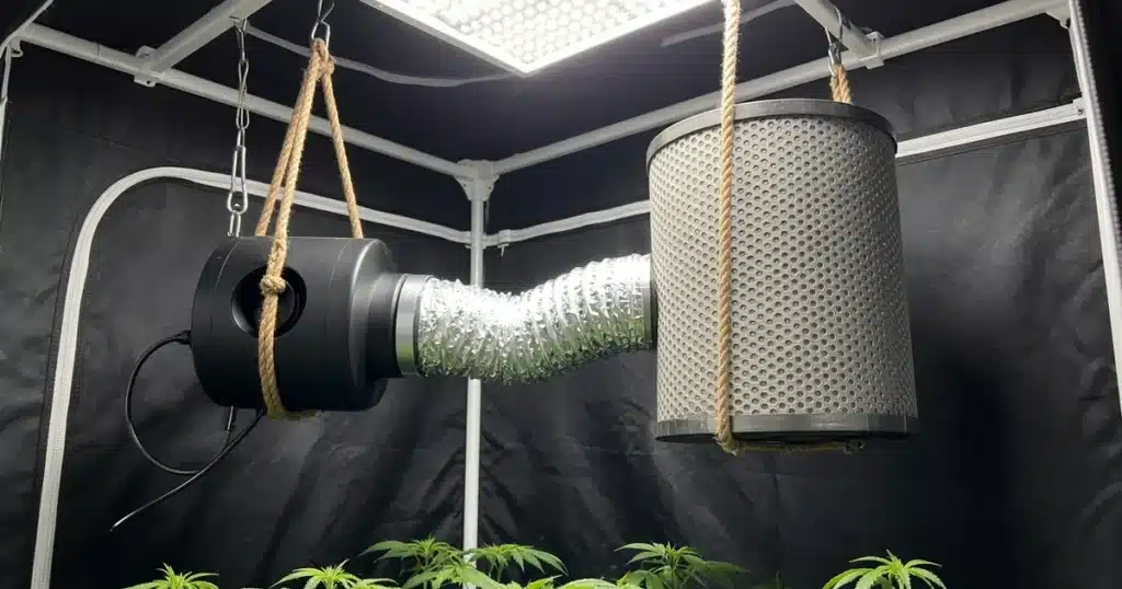 Inline fan and carbon filter hanging from the top bars of a grow tent