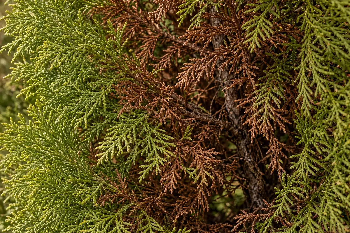 Inner brown foliage on an arborvitae branch