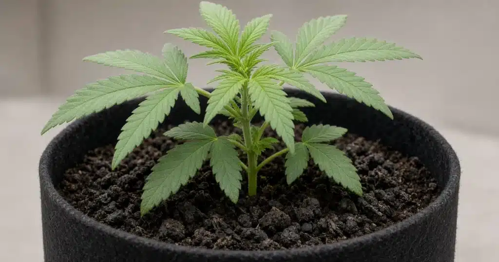 Dark crumbly insect frass spread on potting soil beneath a leafy cannabis seedling growing in a fabric pot