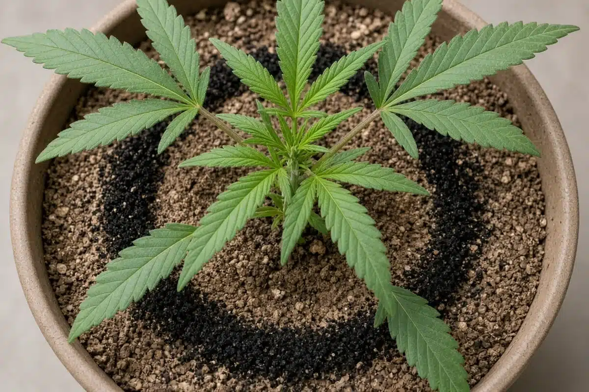 Thin ring of dark insect frass scattered on the soil surface of a container holding a cannabis plant