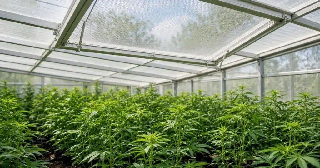 Fine white insect mesh stretched over a roof vent on a greenhouse filled with young cannabis plants