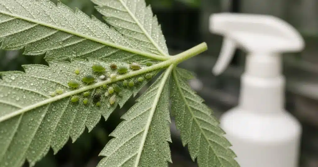Spray bottle beside a cannabis leaf with small aphids and fine droplets on its underside