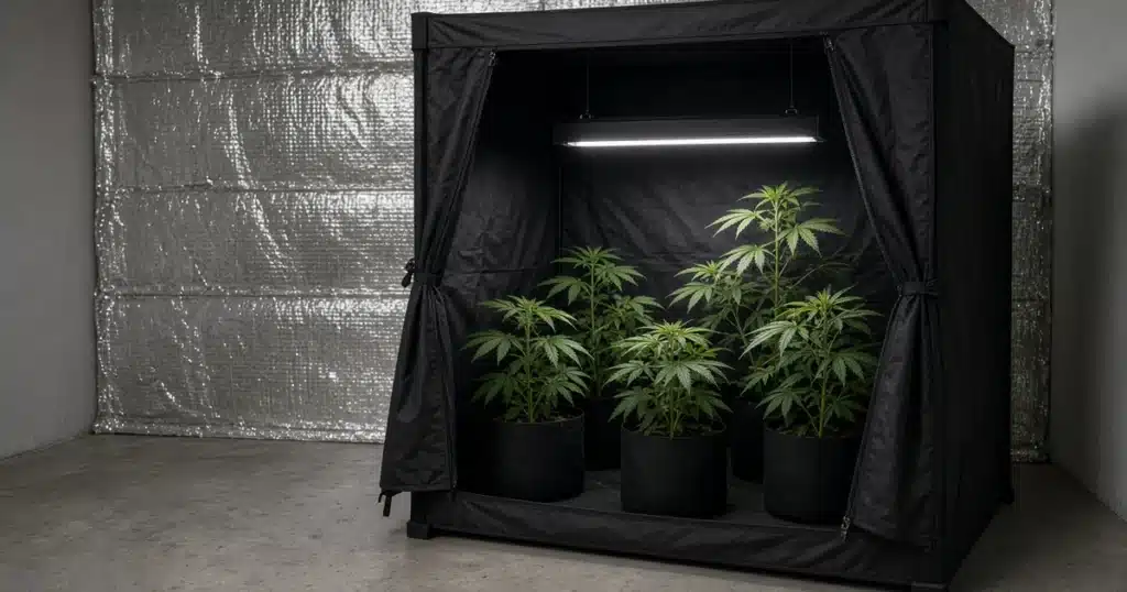 Foil faced bubble insulation lining the wall behind a cannabis grow tent in a cold room