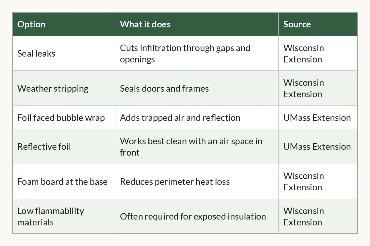Table graphic of Insulation Options at a Glance for indoor cannabis growers, 6 rows by 3 columns