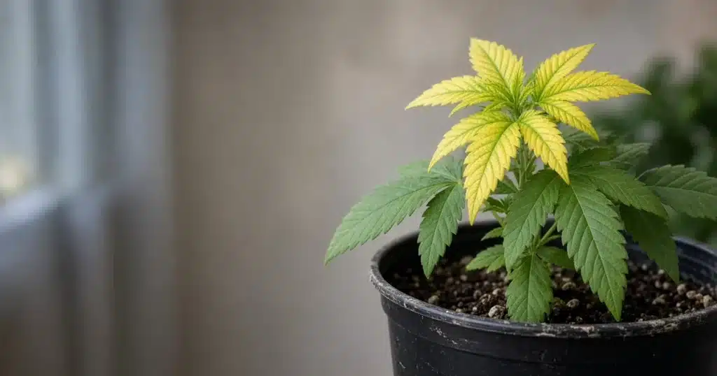 Cannabis plant with bright yellow new leaves and green veins