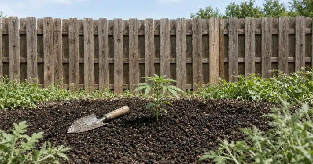 Young cannabis plant in a garden bed with compost and black biochar granules worked into the soil.
