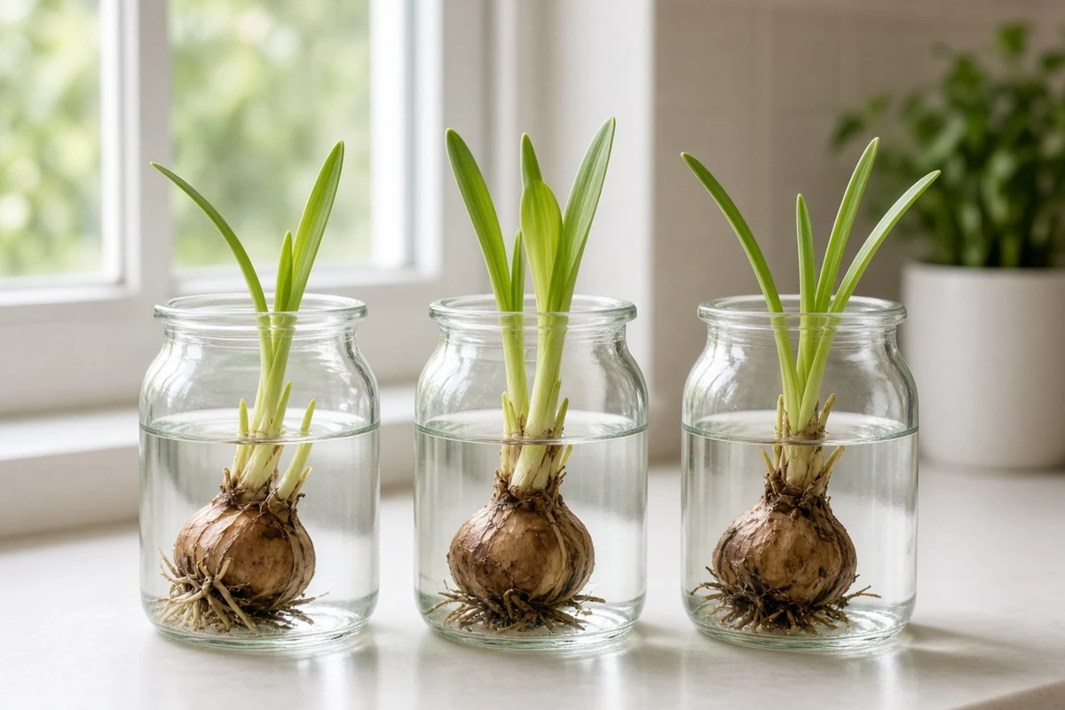 Jars of sprouting aquatic bulbs on a bright sill