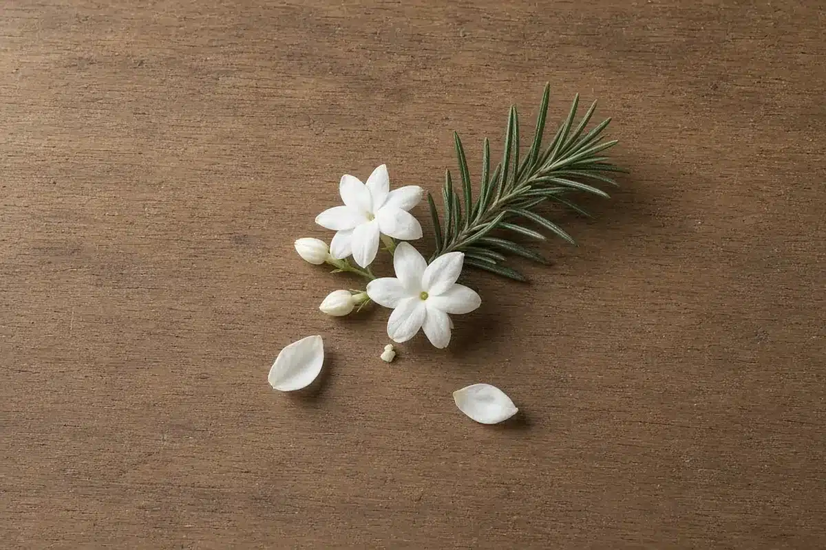 Jasmine flowers and tea tree leaves on a wooden board
