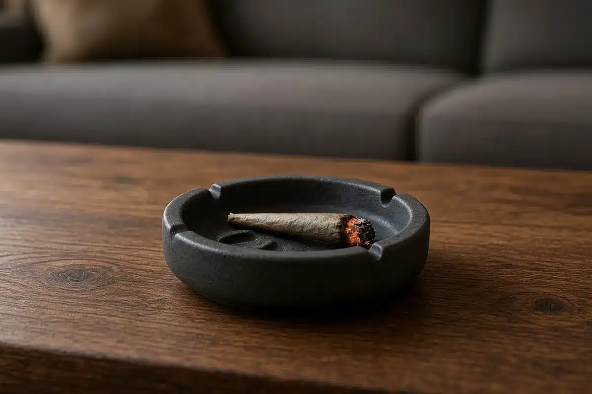 Lit joint resting in an ashtray in a living room