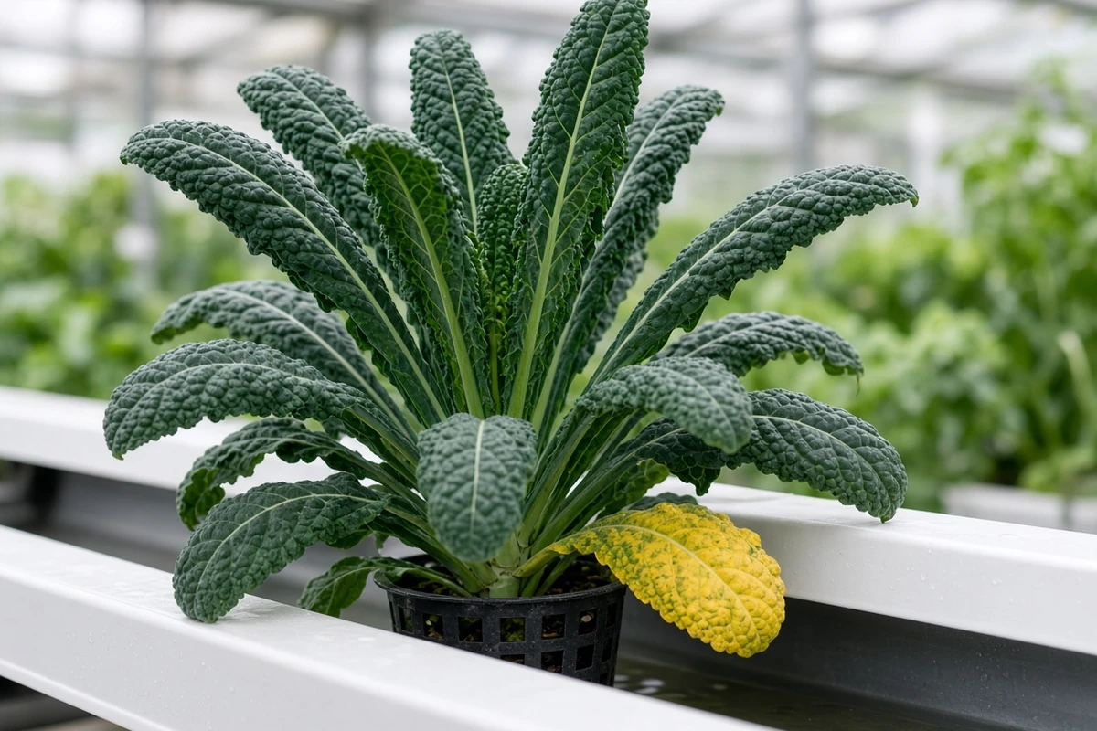 Kale plant with one yellow lower leaf