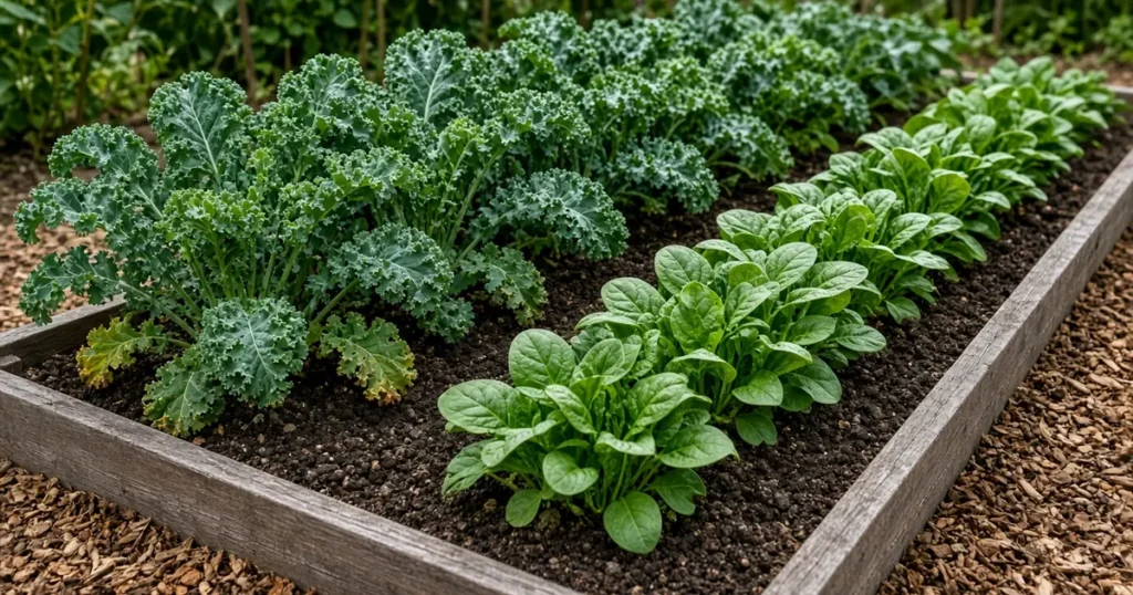 Kale and spinach growing in neighboring rows