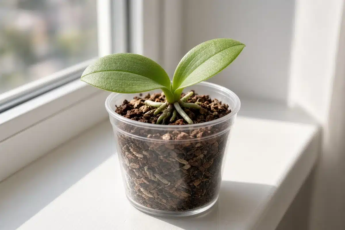 Keiki potted in a small pot of bark mix