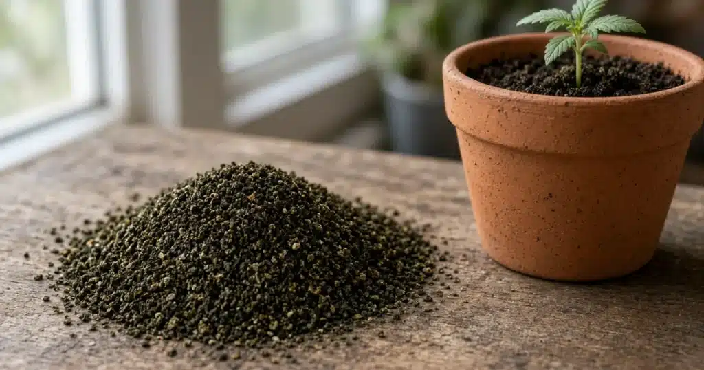 Small pile of dry, dark green kelp meal next to a pot of soil