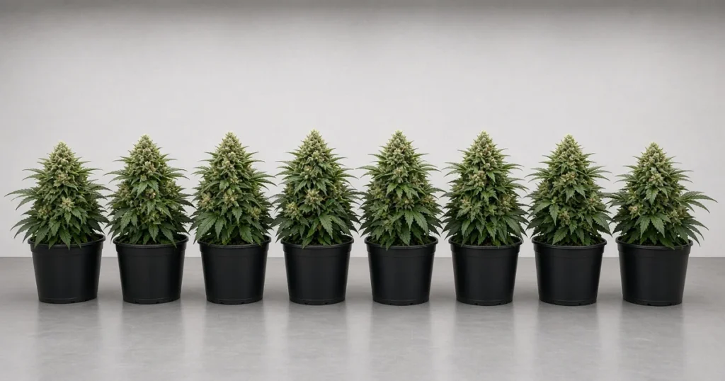 Row of short broad leaf indica cannabis plants with dense colas in pots