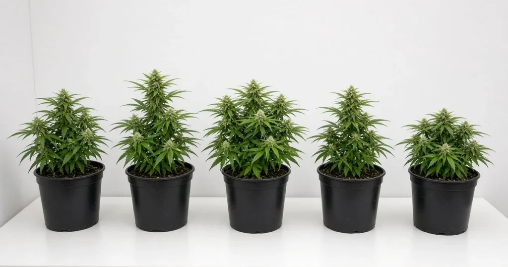 Several compact flowering autoflower plants side by side in a bright grow space