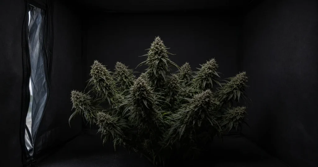 Mature cannabis plants in a dark grow tent with the lights off before harvest
