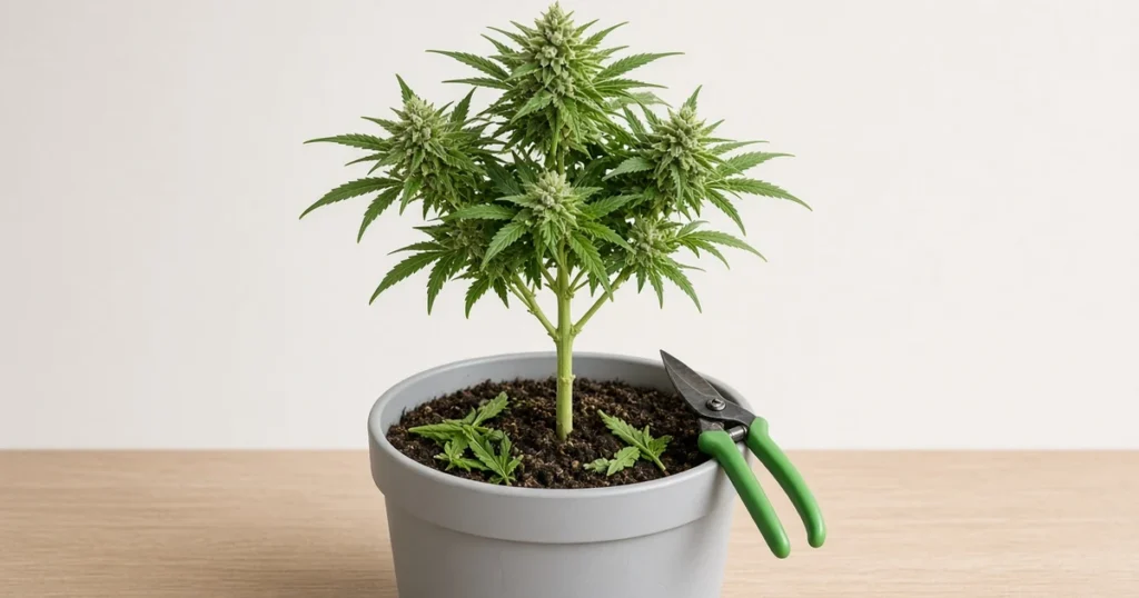 Lollipopped cannabis plant with bare lower stems and a full top canopy