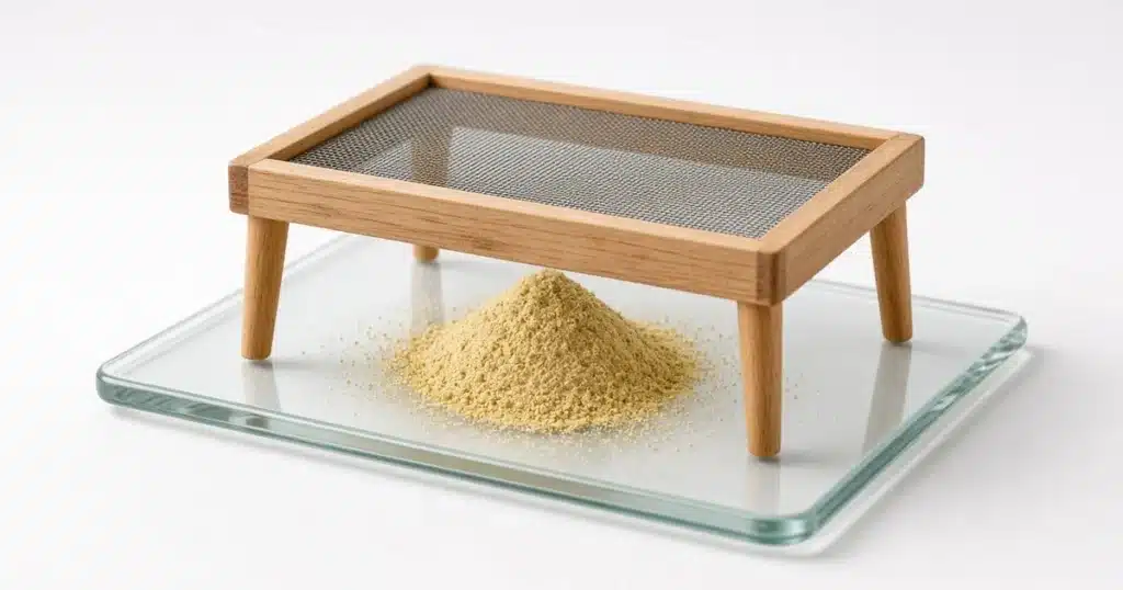 Wood-framed dry-sift mesh screen over a mound of golden kief on glass