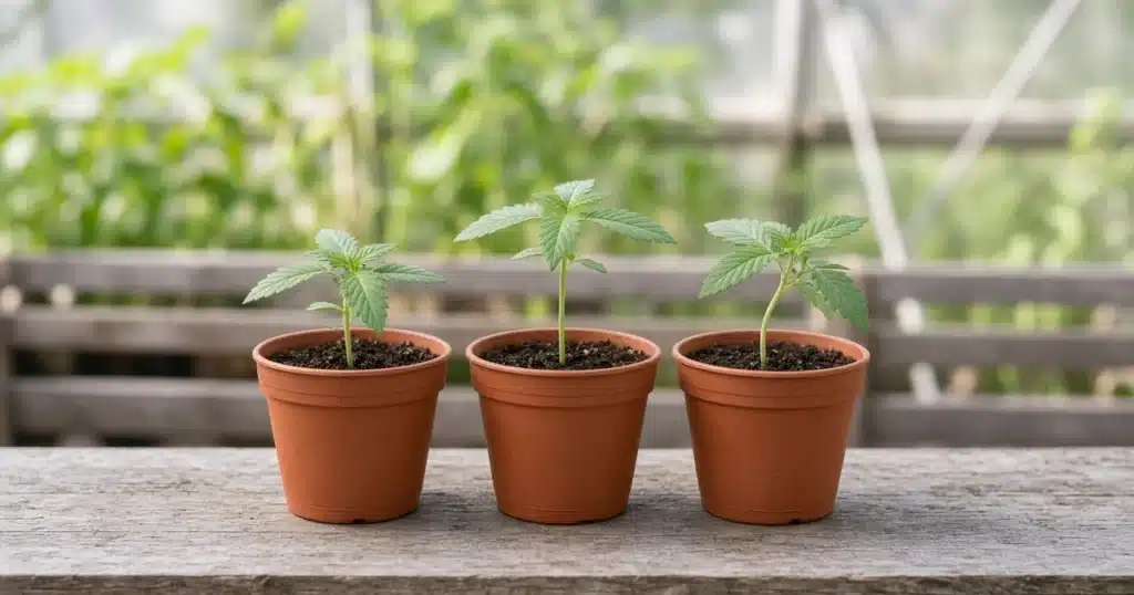 Three cannabis seedlings in terracotta pots on a greenhouse bench