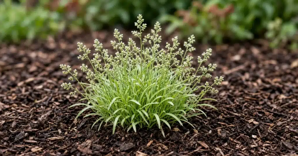 Clump of annual bluegrass with pale seed heads in a mulched garden bed