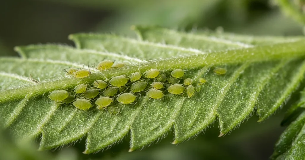 Cluster of green aphids under a young cannabis leaf