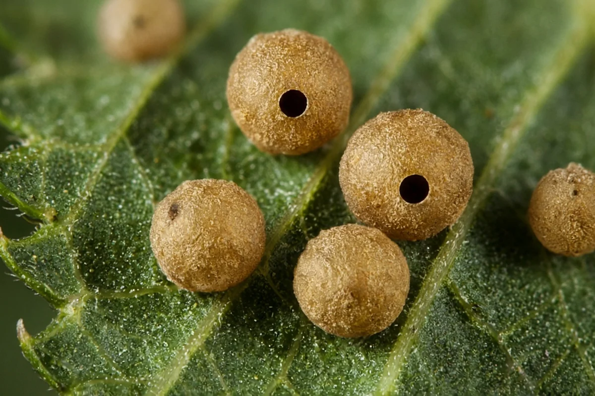 Swollen tan aphid mummies left by parasitic wasps