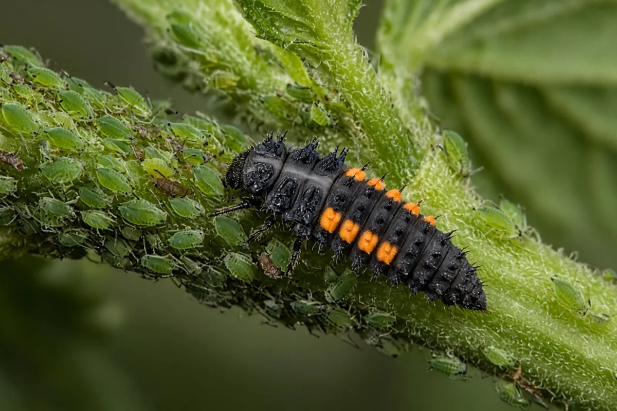 Lady beetle larva feeding in an aphid colony on a cannabis stem