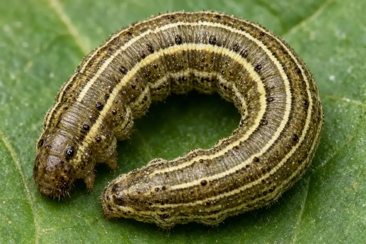 Striped armyworm caterpillar curled into a C shape on a leaf
