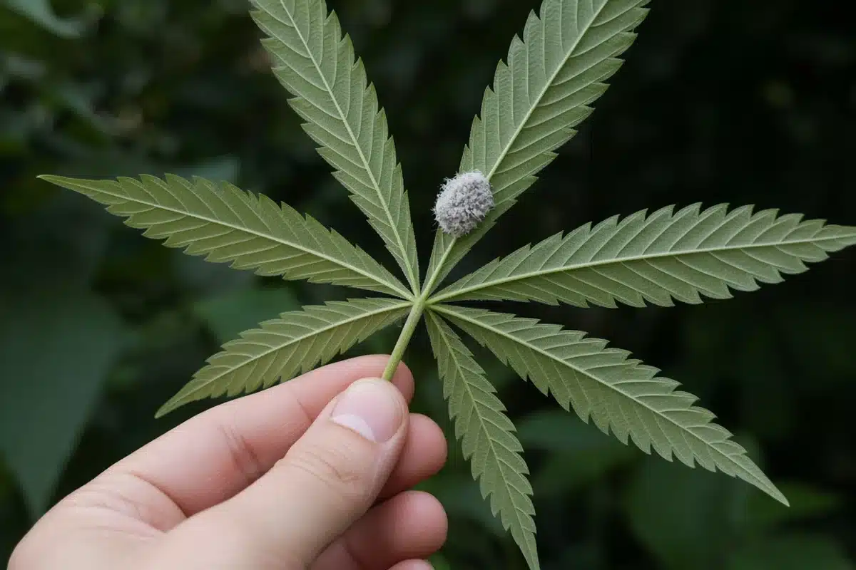 Fuzzy armyworm egg mass on the underside of a cannabis leaf