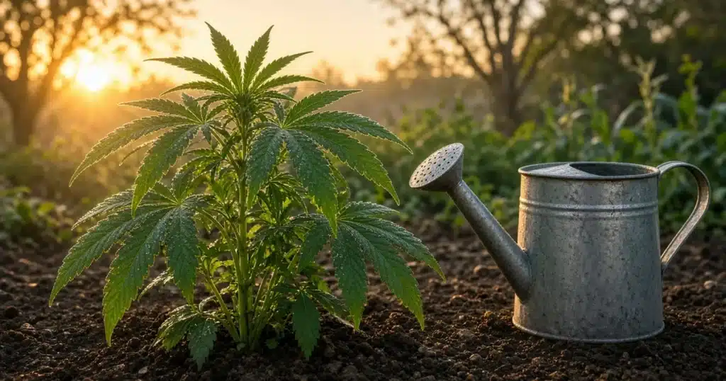 Best time to water outdoor cannabis: a plant at sunrise with a watering can at its base