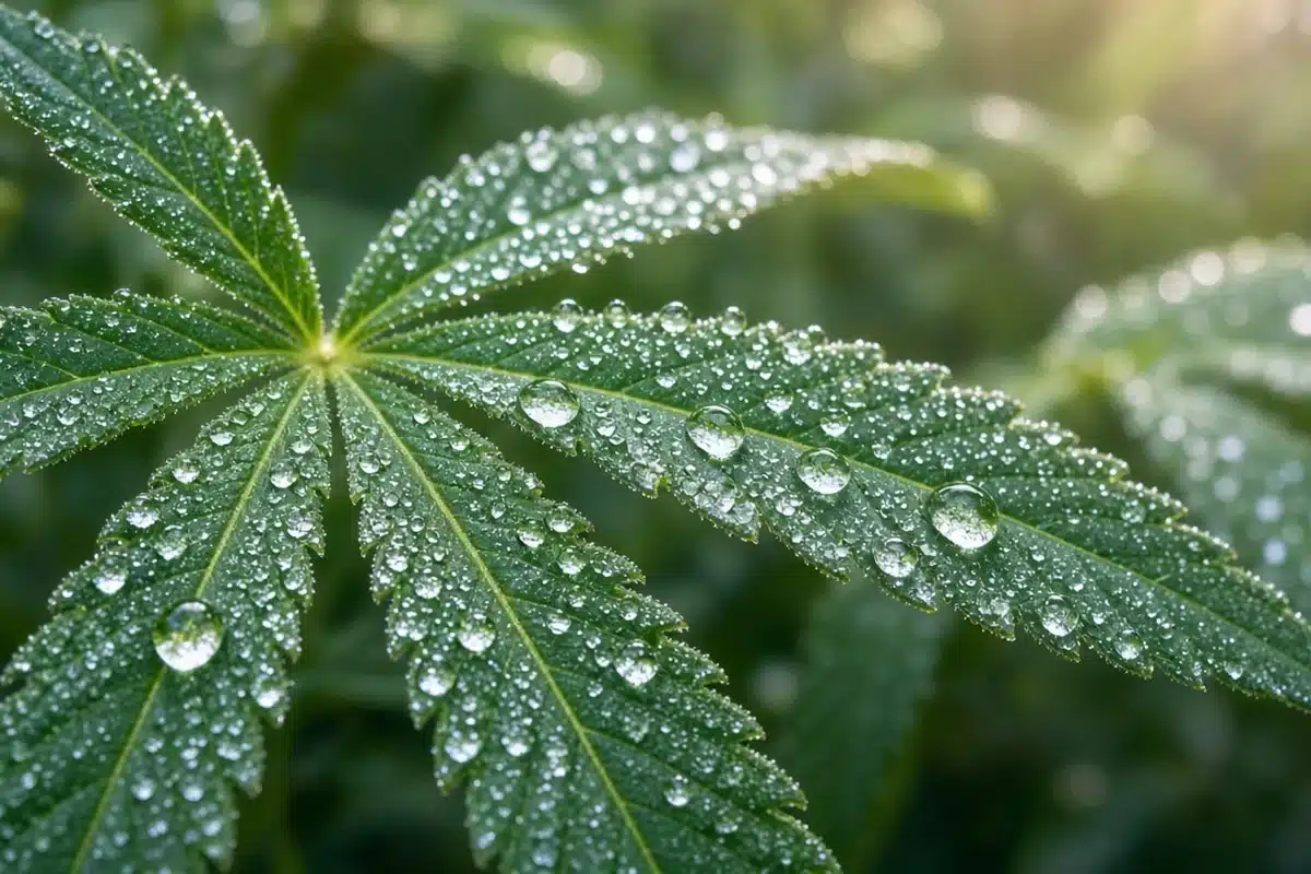 Dew droplets on outdoor cannabis leaves in early morning light