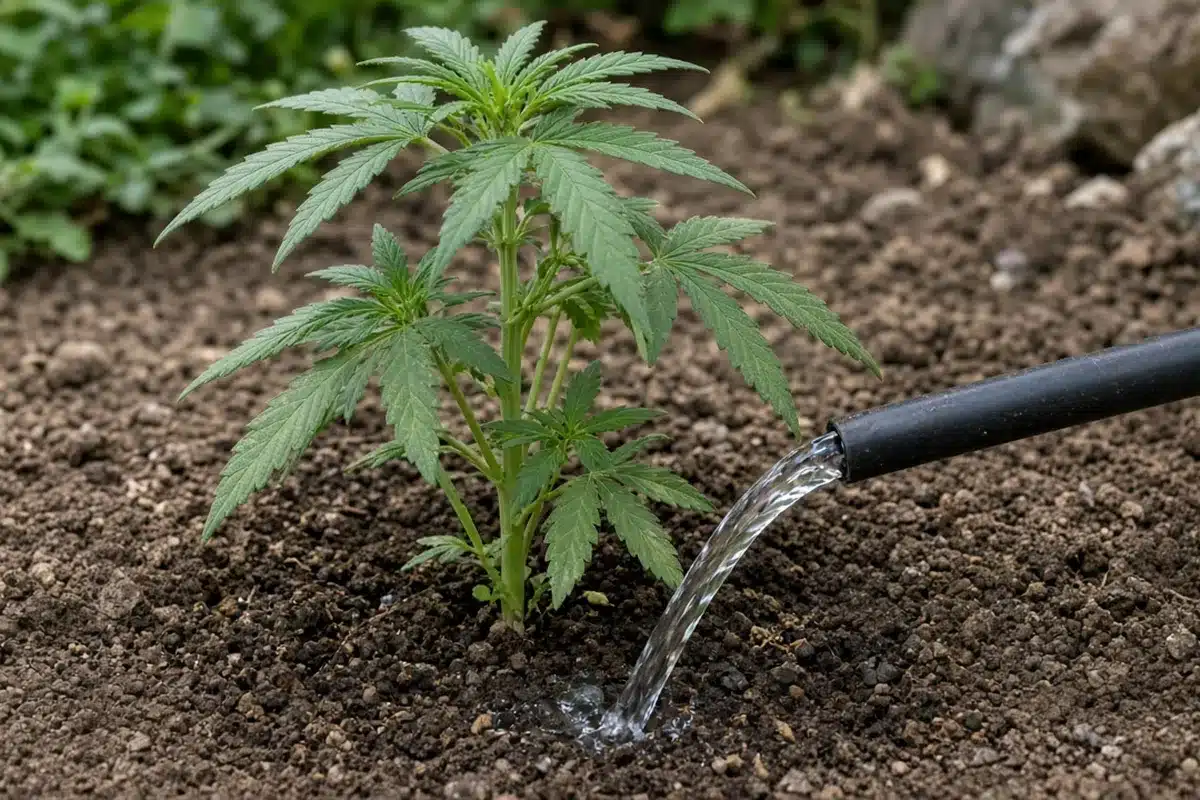 Gentle hose flow aimed at the soil around the base of a cannabis plant