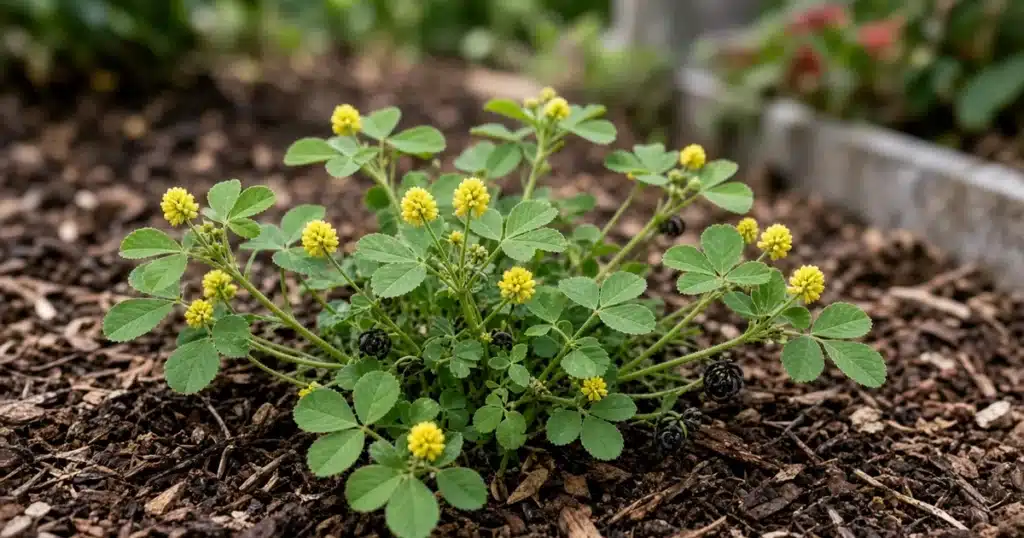 Black medic with small yellow flower heads spreading in a mulched bed