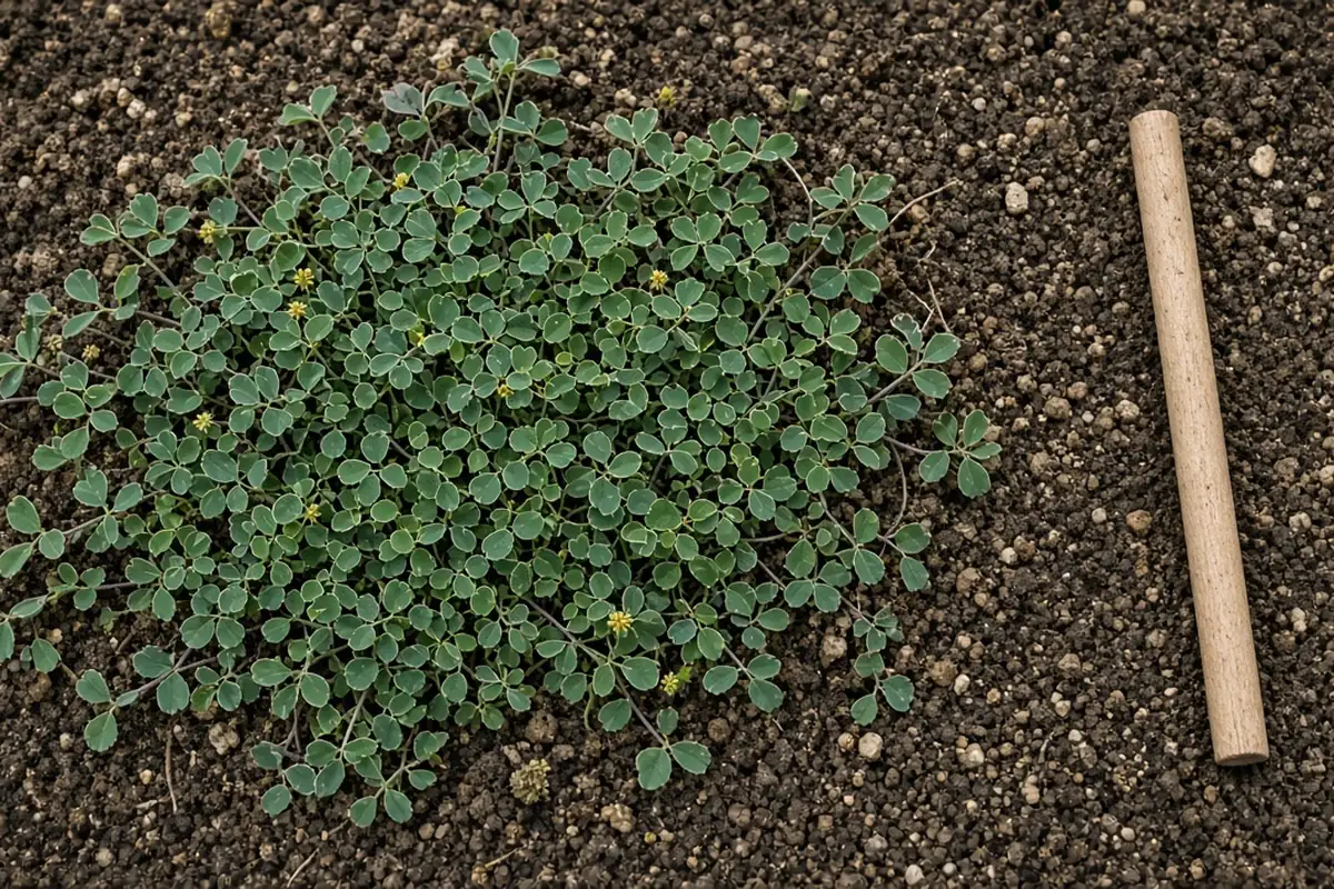 Low mat of black medic leaves on dark soil beside a wooden dowel